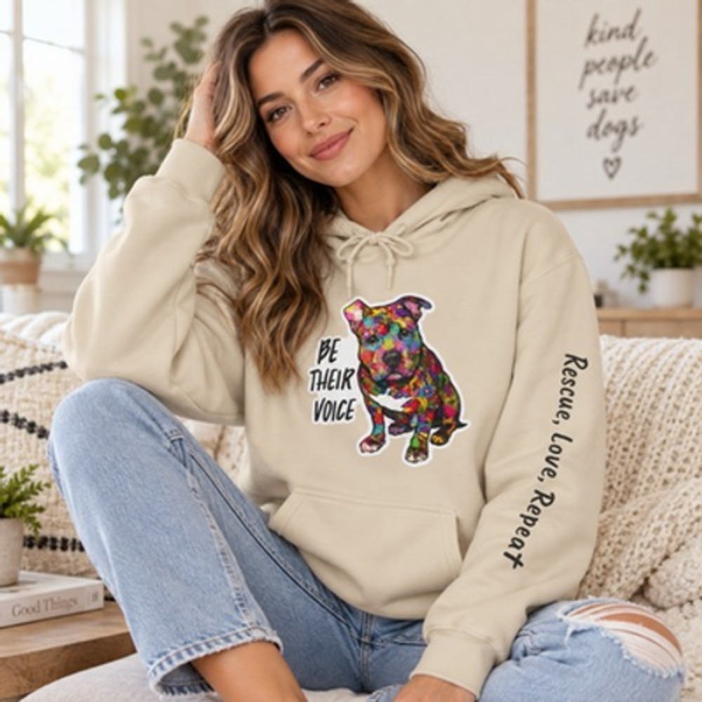 Three Dog Acres Be Their Voice Rescue Dog Hoodie Sleeve Print Tan Sweatshirt